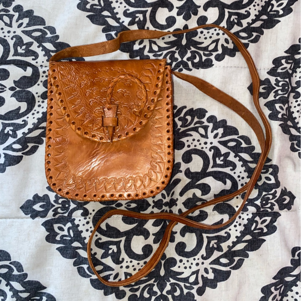 Handmade and embossed leather satchel purse